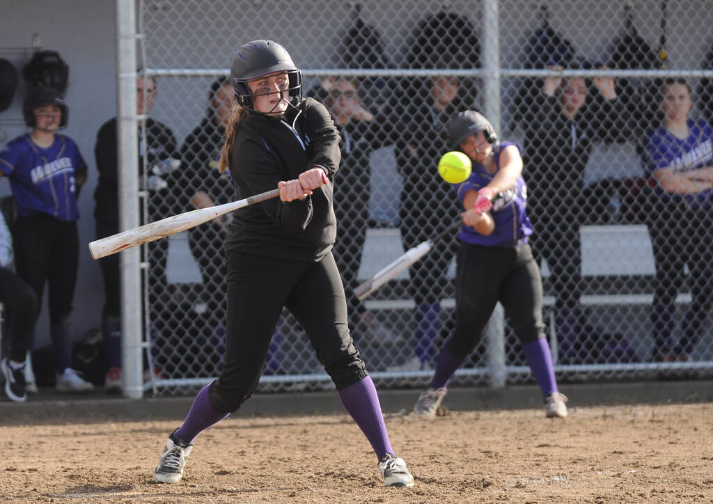 Sequim’s Jordan Kidd rips a base hit against Bremerton in the Wolves’ 15-1 home win on April 26. Kidd went 2-for-3 with a double and an RBI. Sequim Gazette photo by Michael Dashiell
