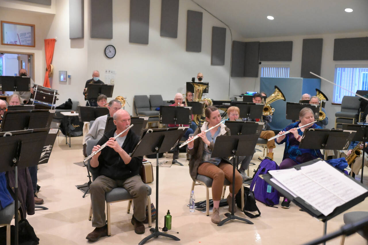Photo by Richard Greenway/Sequim City Band
Sequim City Band members rehearse on April 27 for their upcoming concert, scheduled for 3 p.m. Sunday, May 15, at the James Center for the Performing Arts.