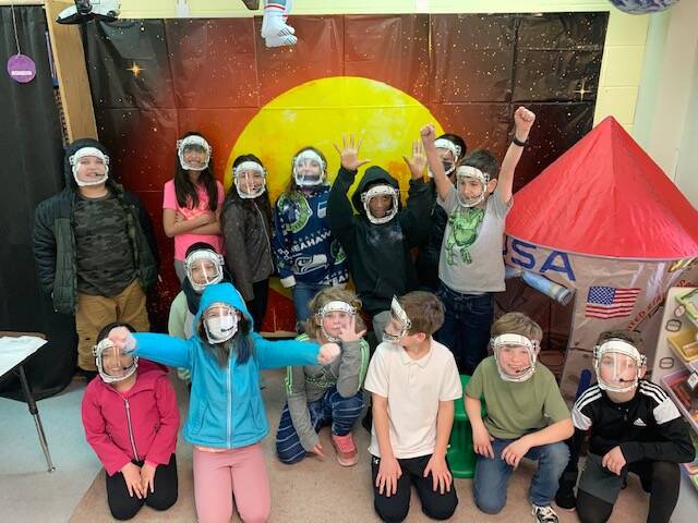 Submitted photo
Students in Emily Ellefson’s third grade class at Helen Haller Elementary School pose in their astronaut helmets.