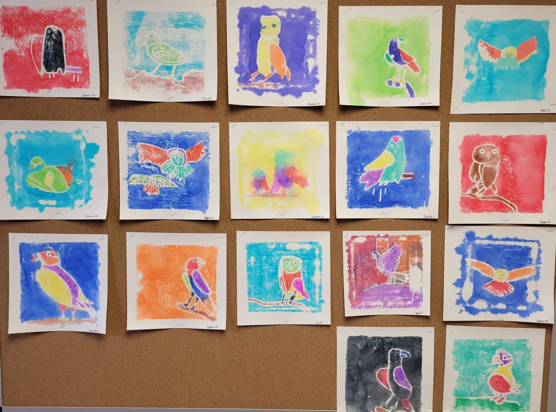 Submitted photo
Fifth-graders in Saxon Holt’s class are studying Native Americans of different regions, and last week they studied the Arctic region. These prints were done as block-print technique using Styrofoam boards and carving into them the arctic bird design each student chose. Students then used water-color markers and transferred the prints onto wet watercolor paper that was purchased with a grant from the Sequim Education foundation two years ago.