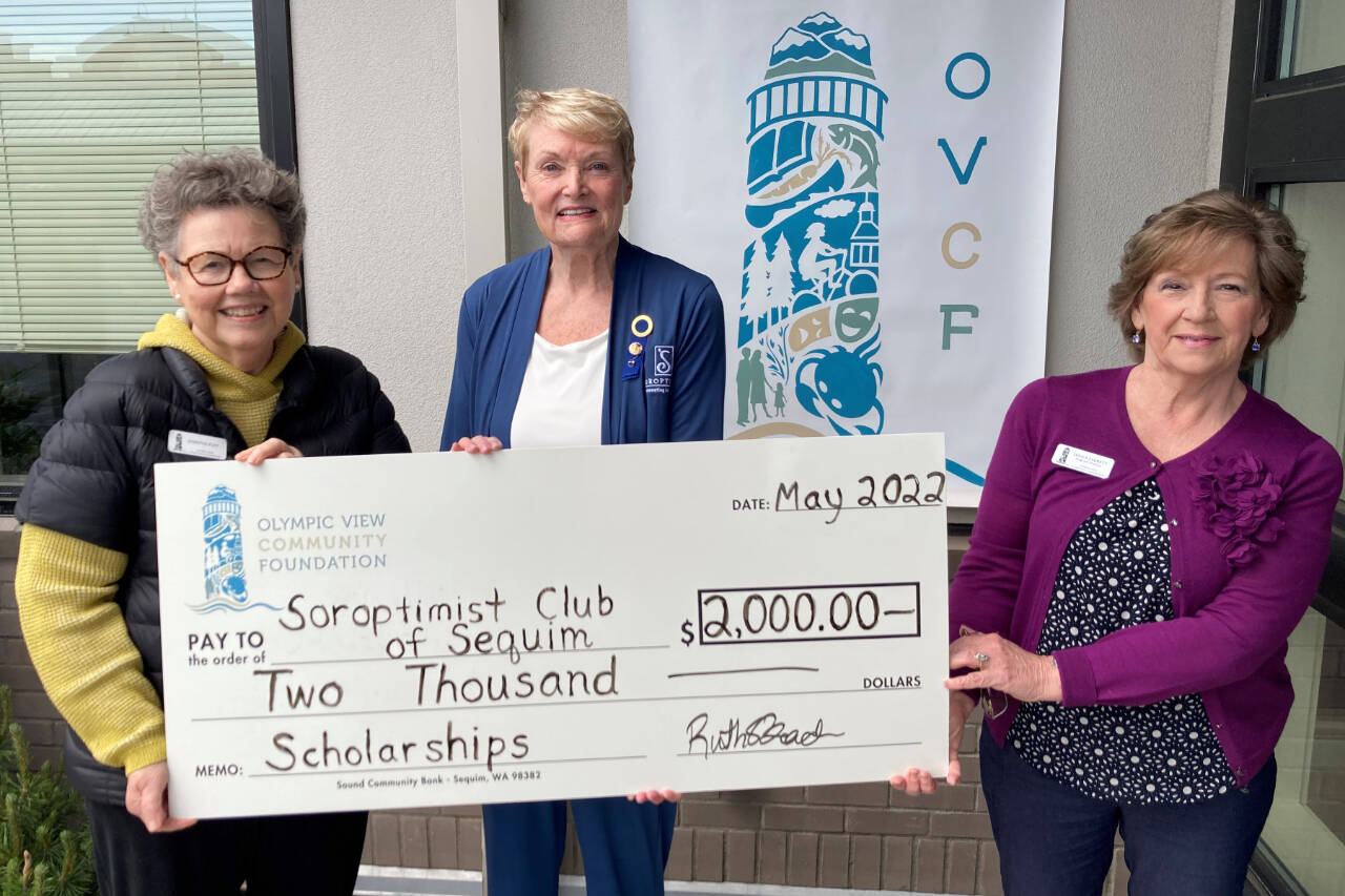 Celebrating the Olympic View Community Foundation’s $2,000 grant to Soroptimist International of Sequim are, from left, foundation trustee Jennifer Puff, Soroptimist International of Sequim president Cat Xander and foundation director Sheila Everett. Submitted photo