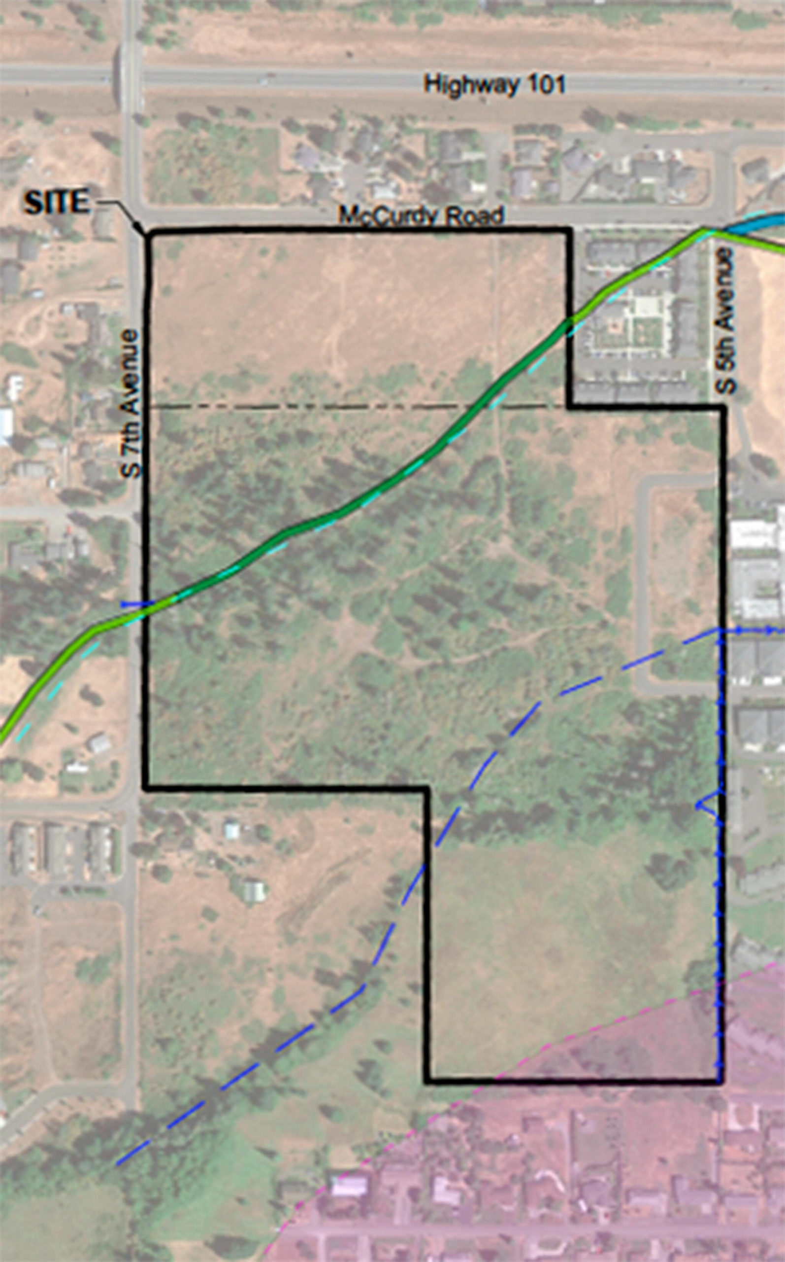 Map by Ecological Land Services/ The City of Sequim is processing an application for 215 homes off South Seventh Avenue. A public hearing is tentatively slated for July 28.