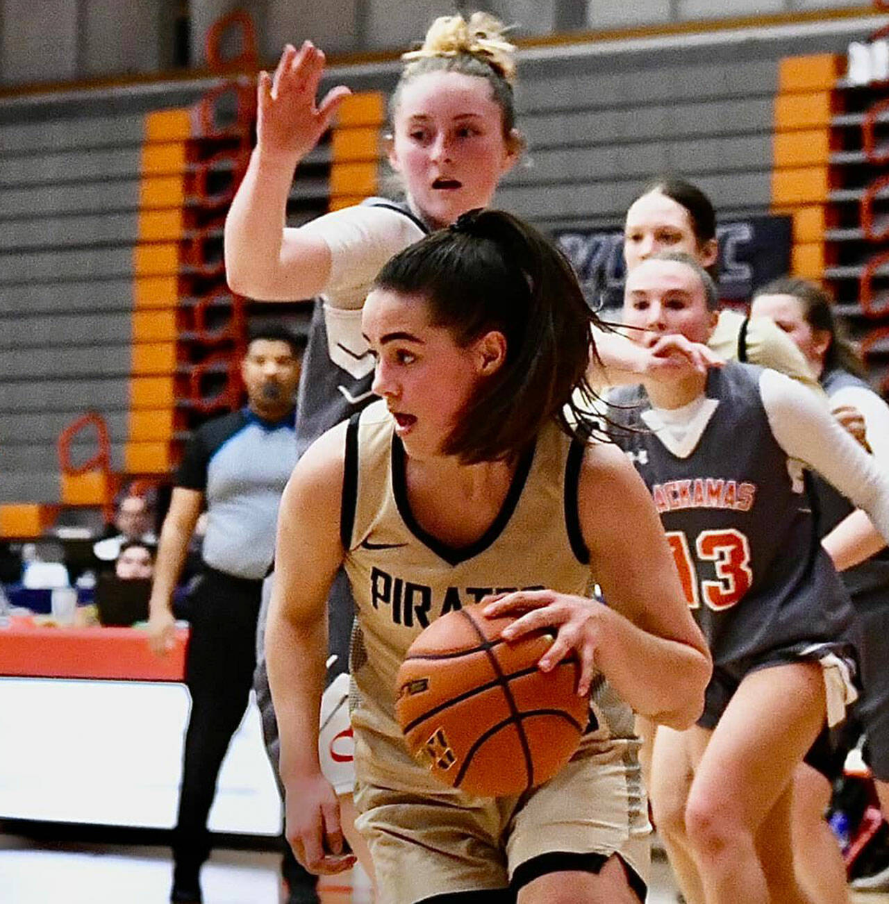 Peninsula College sophomore Hope Glasser looks to attack the basket in the NWAC tournament semi-final against Clackamas in Everett on March 26. The former Sequim High athletic standout won PC’s 2022 Art Feiro Award. Photo by Jay Cline/Peninsula College