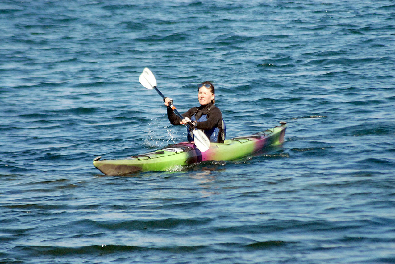 File photo by Keith Thorpe/Olympic Peninsula News Group
Heidi Hietpas of Sequim completes the kayaking leg of the 2021 Big Hurt as part of a tandem team with her husband, Forest Hietpas.