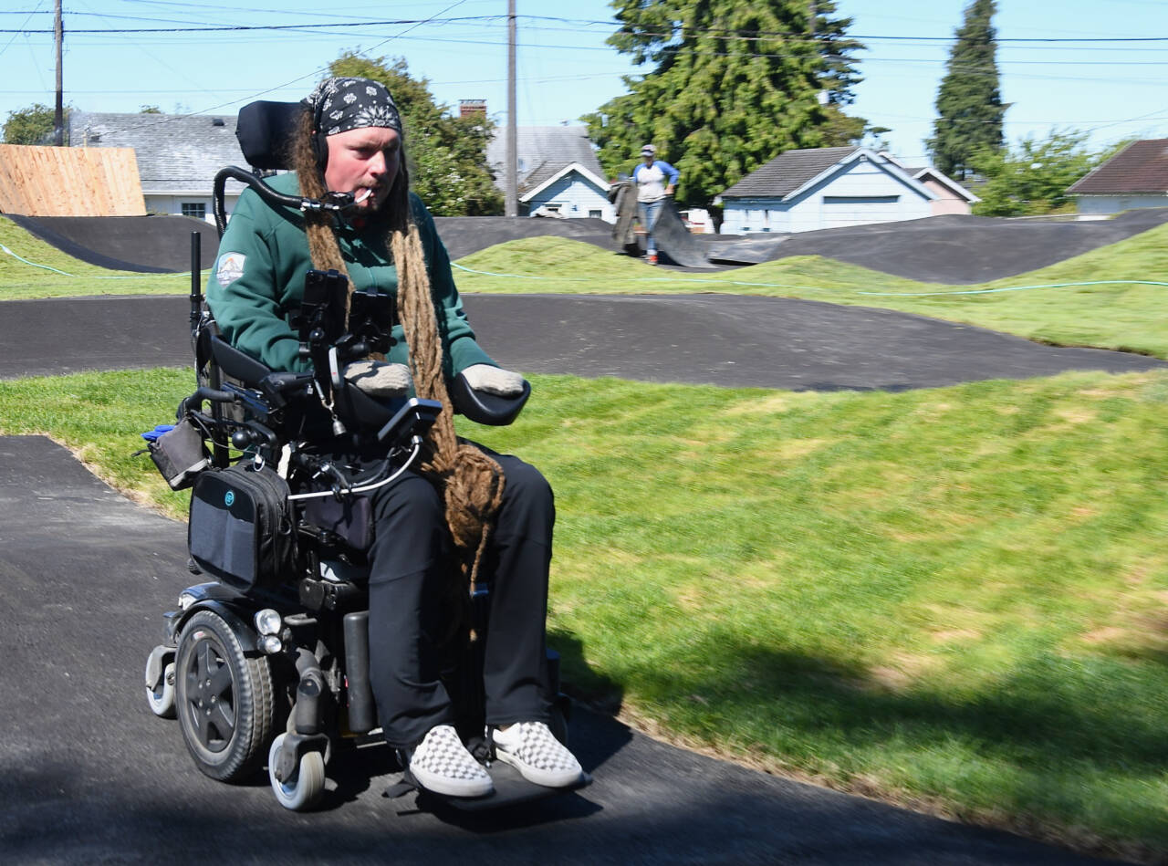 Ian Mackay tests out the adaptive track at the new Port Angeles Pump Track. Photo by Jay Cline