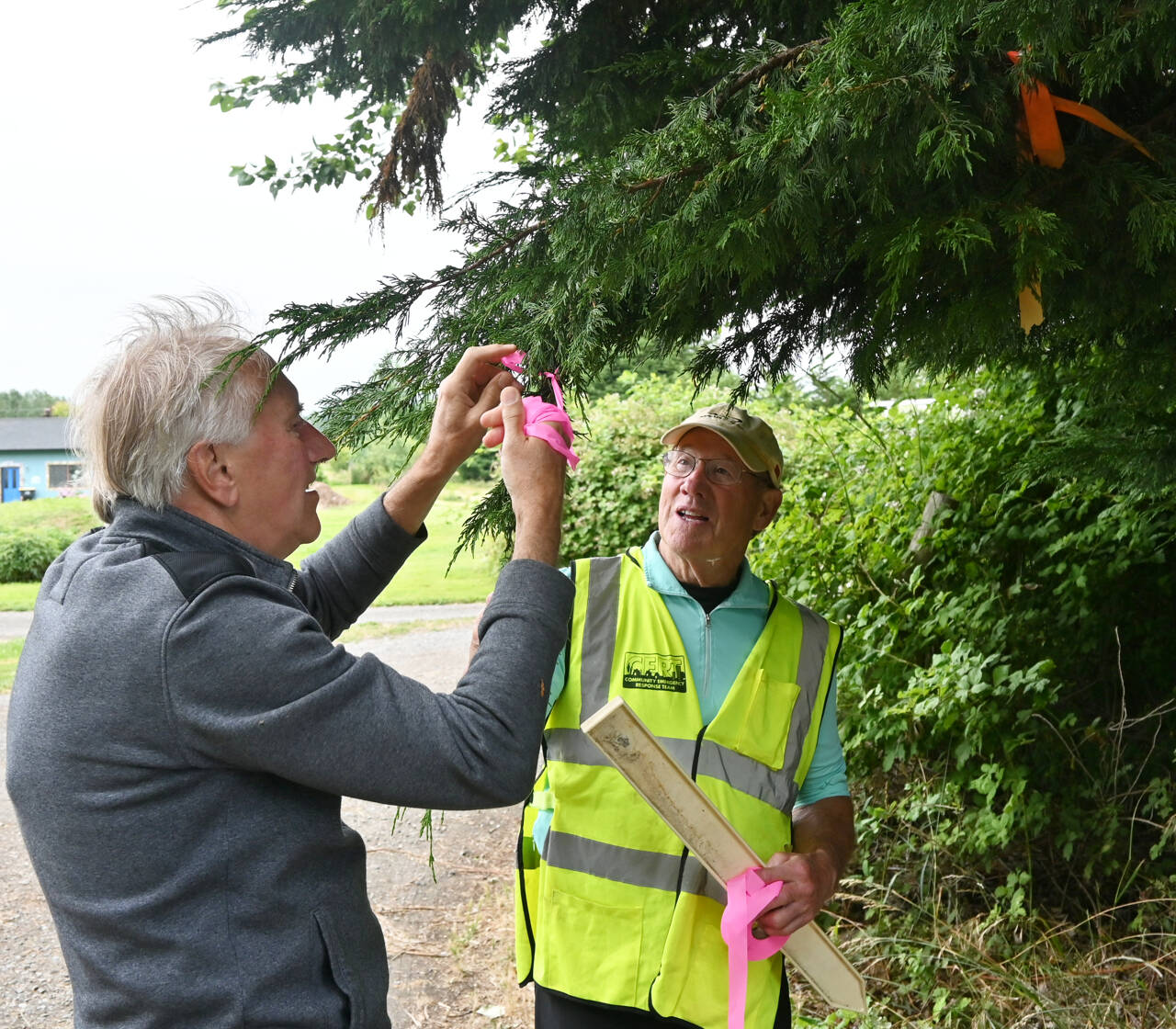Sequim Gazette photo by Michael Dashiell 
Dan Novak, left, and Mac Macdonald help mark trees as part of the tsunami evacuation route from the 3 Crabs Area to Dungeness Community Church.