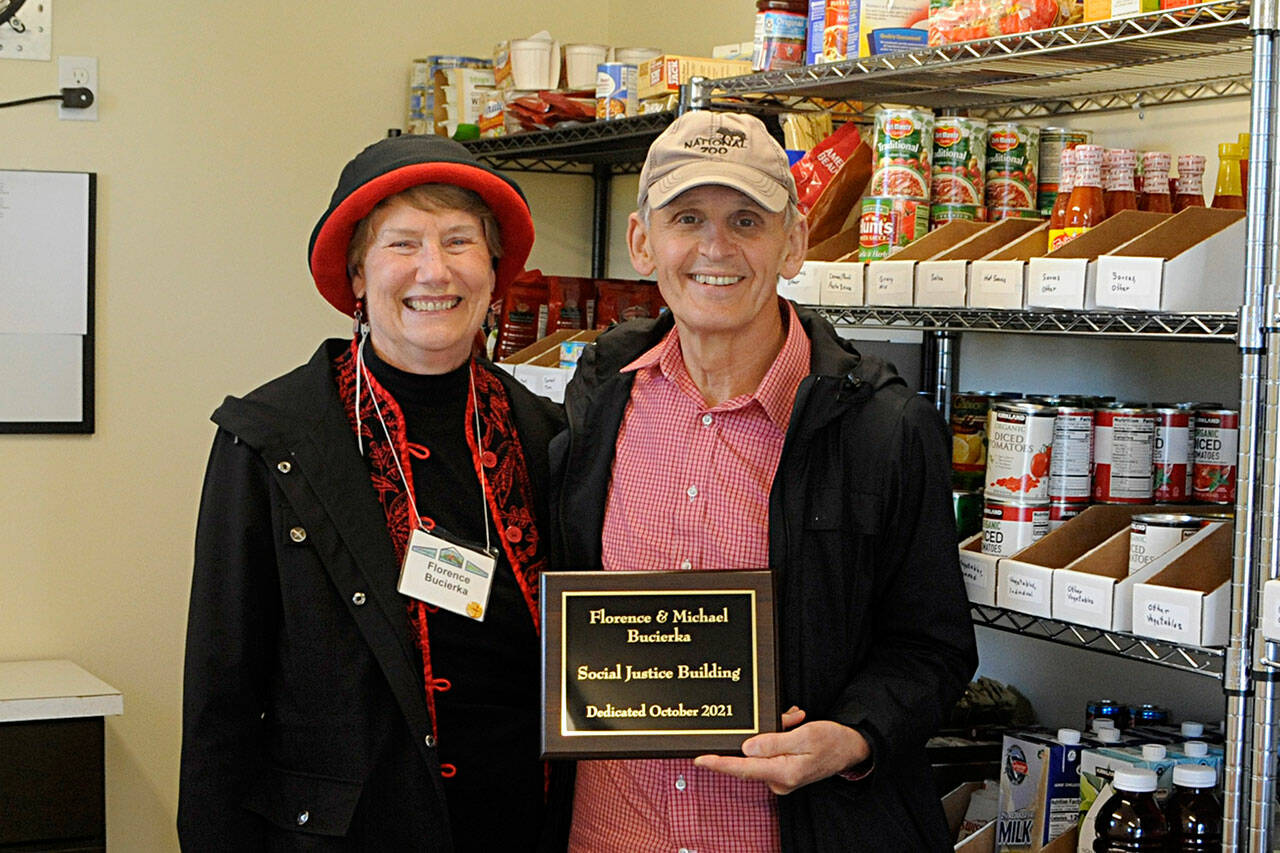 Florence and Michael Bucierka of Sequim were honored on Oct. 10 with the storage building for the Olympic Unitarian Universalist Fellowship’s Little Free Pantry being named in their honor. Sequim Gazette photo by Matthew Nash