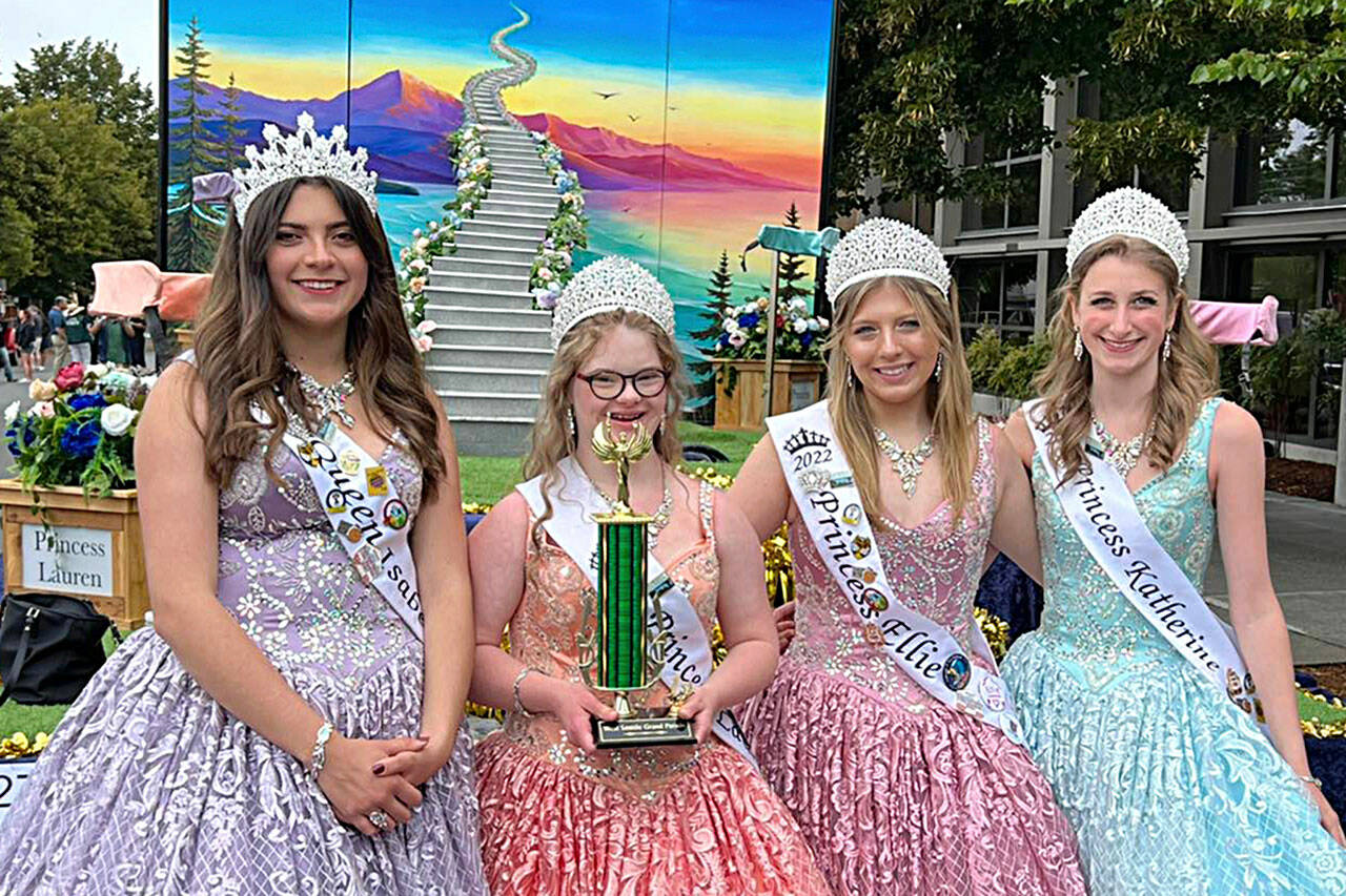 Photo courtesy Sequim Irrigation Festival
The Sequim Irrigation Festival royalty, from left, queen Isabella Williams, princess Lauren Willis, princess Ellie Turner, and princess Katherine Gould won second overall and best self-propelled float at the West Seattle Grand Parade on July 23.
