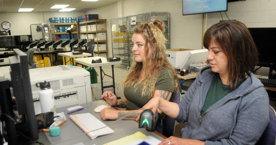 Photo by Keith Thorpe/Olympic Peninsula News Group / Clallam County Elections Assistant Aspen Smith, left, and Elections Manager Susan Johnson examine contested ballots on Aug. 2 at the Clallam County Courthouse.