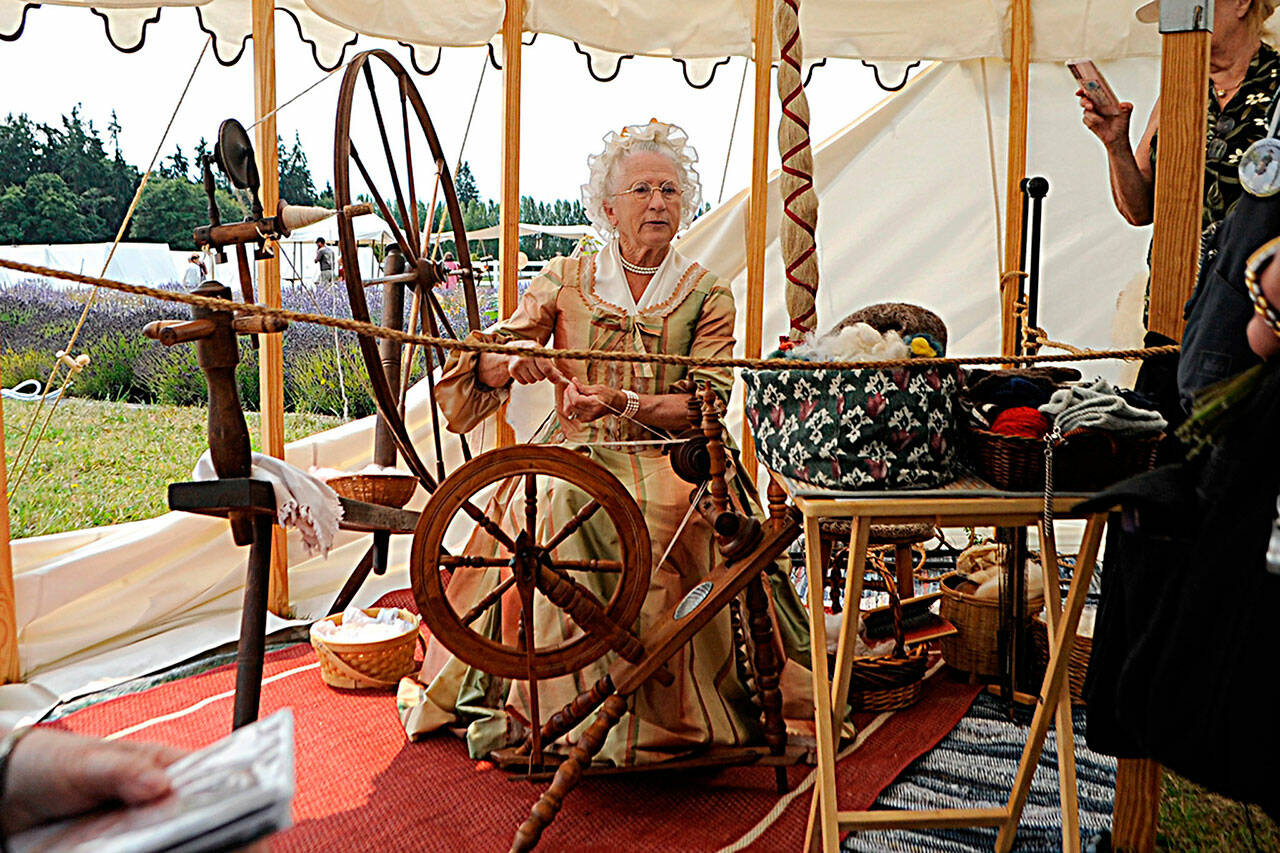 Sequim Gazette file photo by Matthew Nash/ Jane Ritchie plans to portray Martha Washington one more year while continuing to share her knowledge about fibers and women’s contributions during the time.