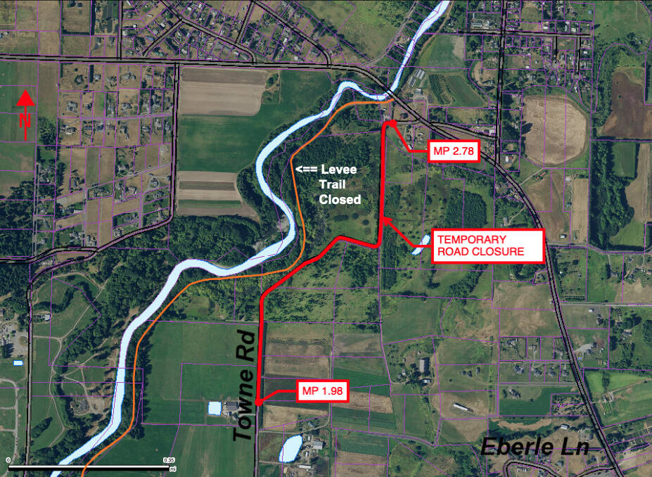 Map by Clallam County staff/Photo by John Gussman
Construction activity has closed Towne Road and the Dungeness Levee Trail, Clallam County staff said last week.