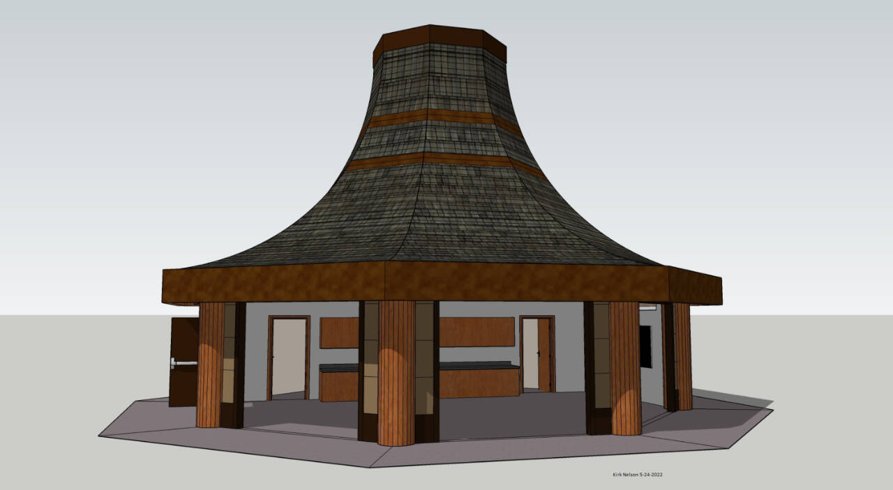 Graphic courtesy of Dungeness River Nature Center
The new classroom structure at Railroad Bridge Park will include a shingled round roof that resembles a traditional “potlatch” hat.