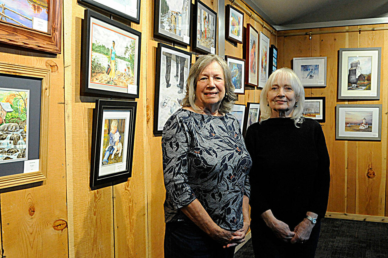 Sequim Gazette photo by Matthew Nash/ Shirley Randolph and Connie Drysdale are two of eight artists displaying art as Peninsula Art Friends through the end of September in the Judith McInnes Tozzer Art Gallery at Sequim Museum and Arts.