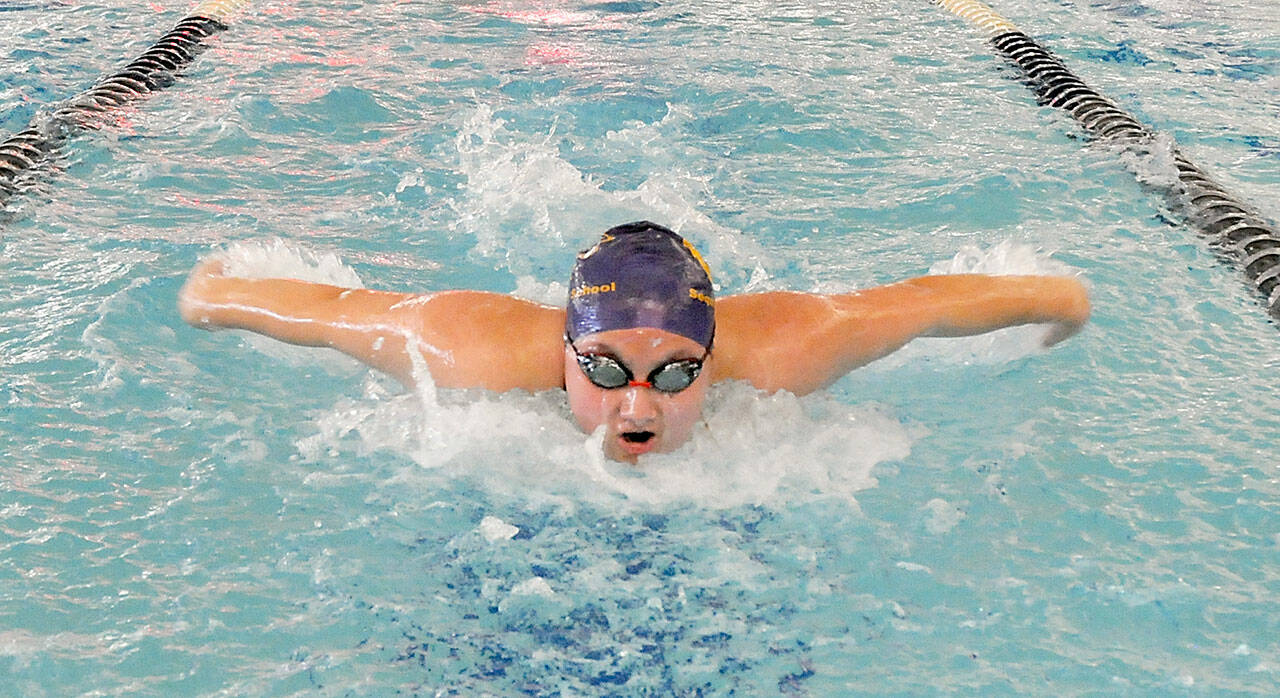 Photo by Keith ThORpe/Olympic Peninsula News Group
Sequim’s Melia Nelson competes in the 100-yard butterfly race against Port Angeles at the Shore Aquatic Center in Port Angeles on Oct. 5. Port Angeles’ depth and talent pushed the Roughriders to first-place finishes in all 12 events in a 136-41 girls swim and dive meet victory over rival Sequim. The Wolves host Bainbridge on Oct. 12 and close the regular season on Oct. 21 at home against Olympic.