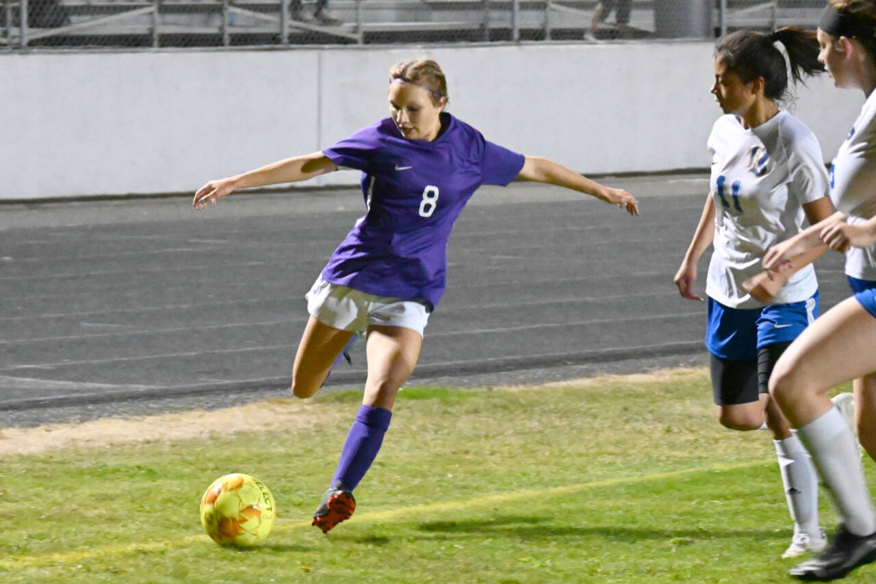 Sequim Gazette photo by Michael Dashiell / Sequim freshman midfielder Kiley Winter looks for an open teammate in the second half of the Wolves’ 4-0 win over Bremerton oN Sept. 29.