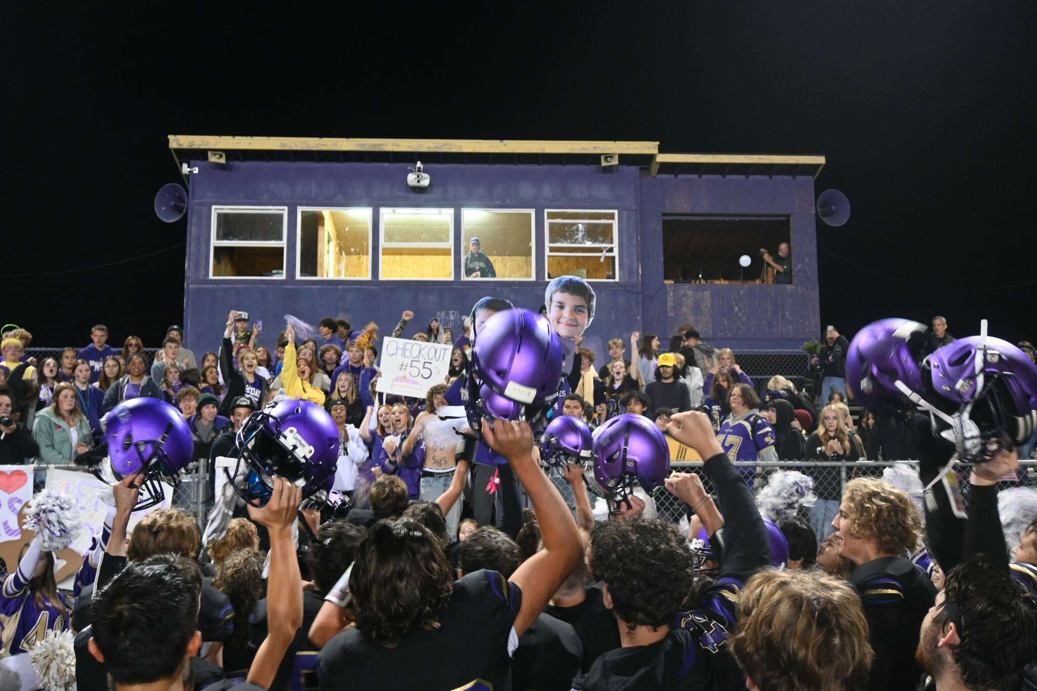 Sequim Gazette photo by Michael Dashiell / Sequim High football players and fans celebrate a 27-13 Homecoming victory against Kingston on Sept. 30.