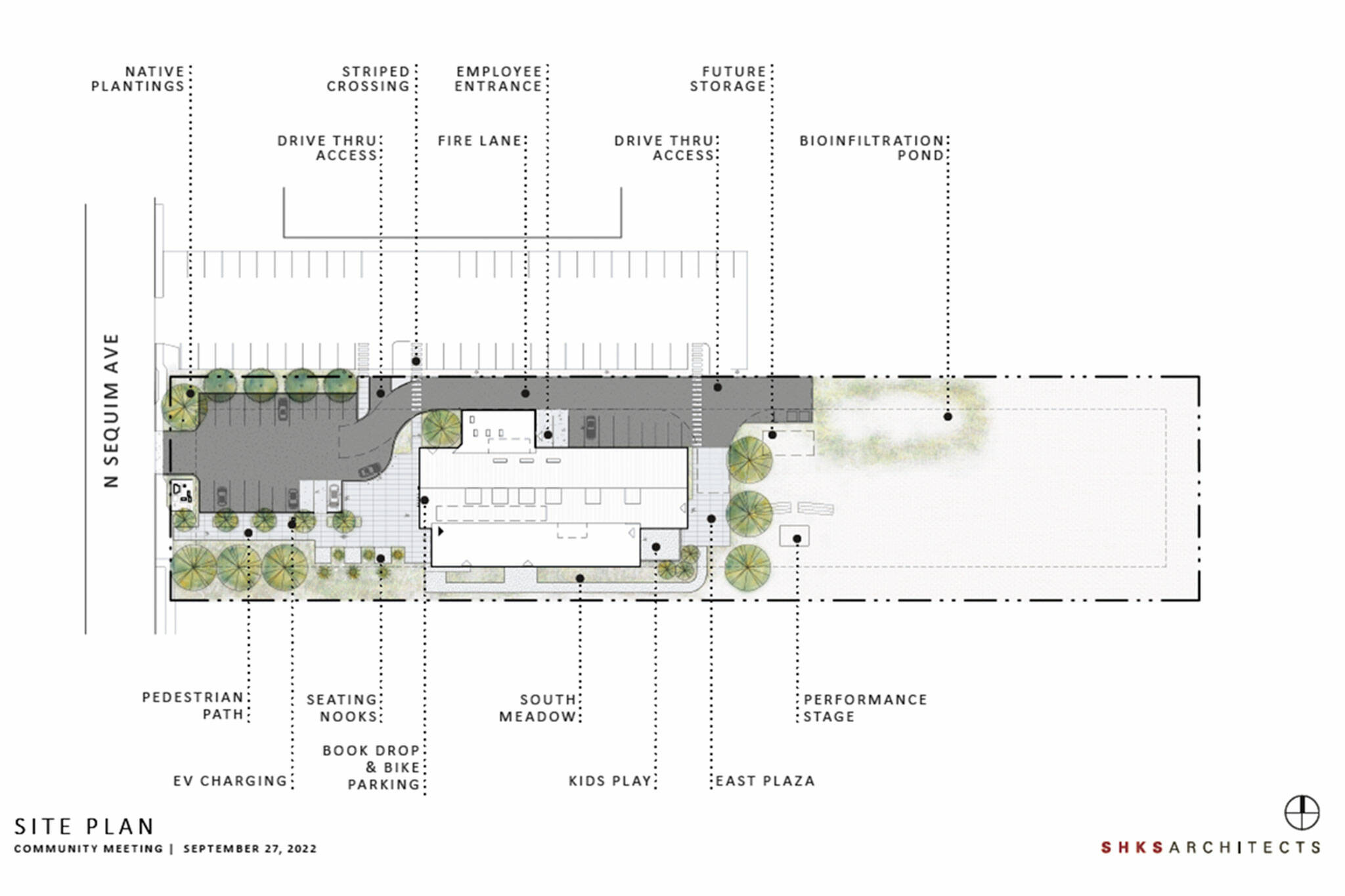 Image courtesy SHKS Architects/ Outside the remodeled Sequim Library, a proposed design includes a south side pedestrian path, seating, and bike parking while vehicle parking would be along the north side.