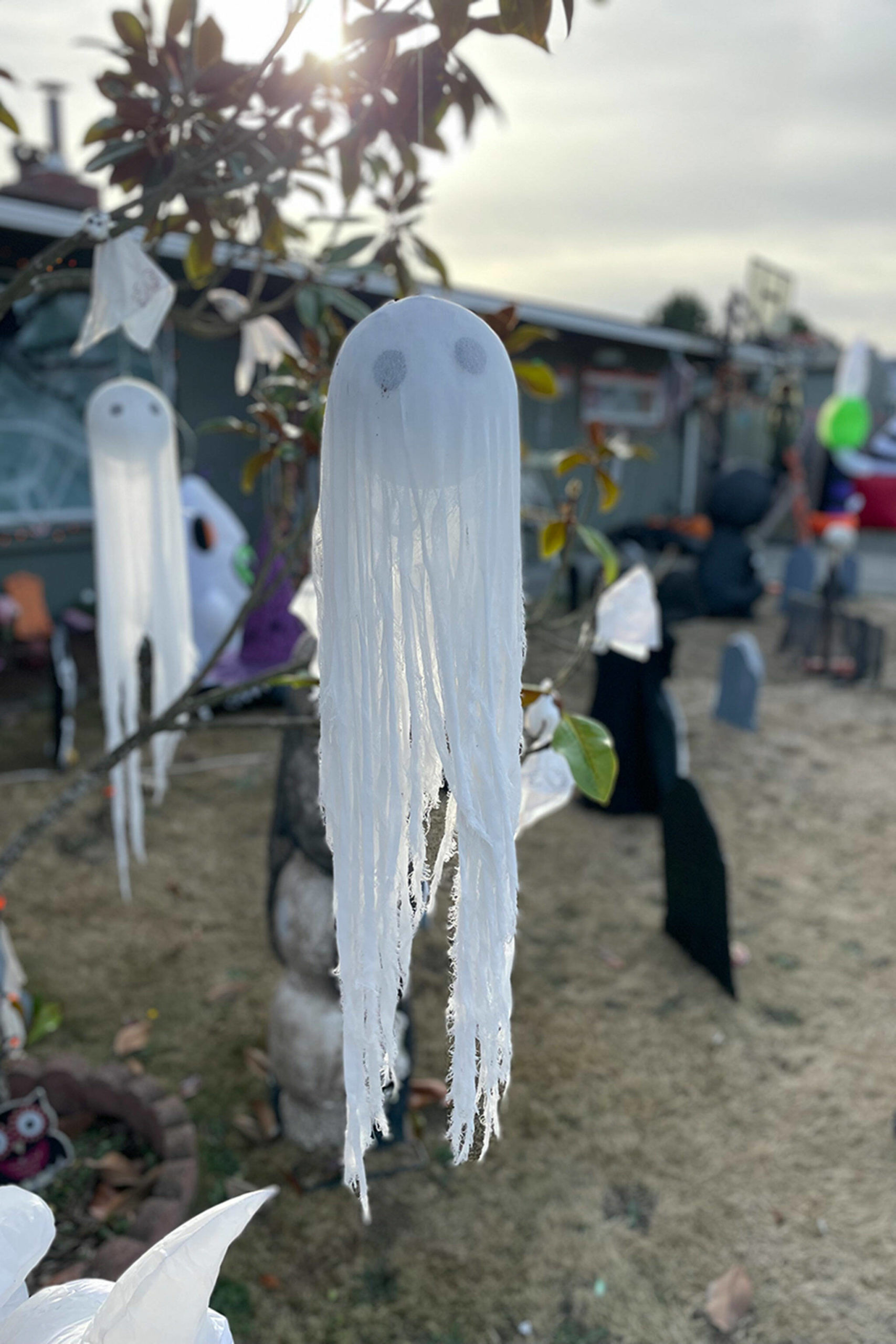 Sequim Gazette photo by Matthew Nash/ This homemade ghost hangs from the home of Lindsey Kester and Phil Lomker on West Prairie Street. Kester said her mother made these about 15 years ago.