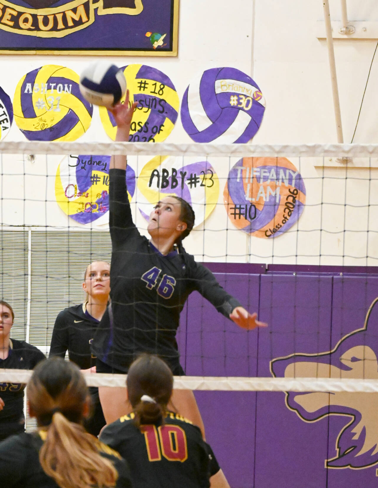 Sequim Gazette photo by Michael Dashiell / Sequim High senior Angel Wagner looks for a point in the Wolves’ three-set win over visiting Kingston on Oct. 27.