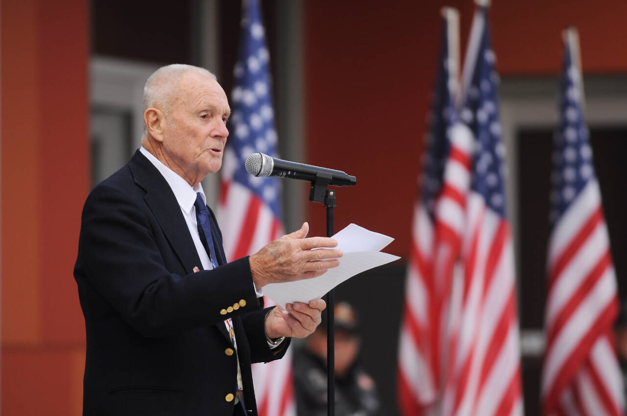 Sequim Gazette photo by Michael Dashiell / Col. Tom Johnson (U.S. Marine Corps, ret.) of Sequim speaks to a Veterans Day Ceremony audience at the Sequim Civic Center plaza on Nov. 11.