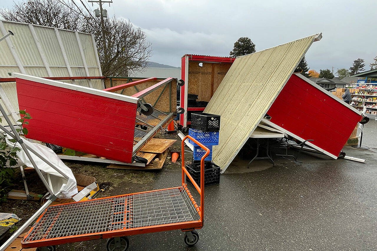 The Sequim Food Bank’s produce building was toppled by high winds on Nov. 4. Board member Stephen Rosales said the structure can likely be repaired but needs a crane to lift it.