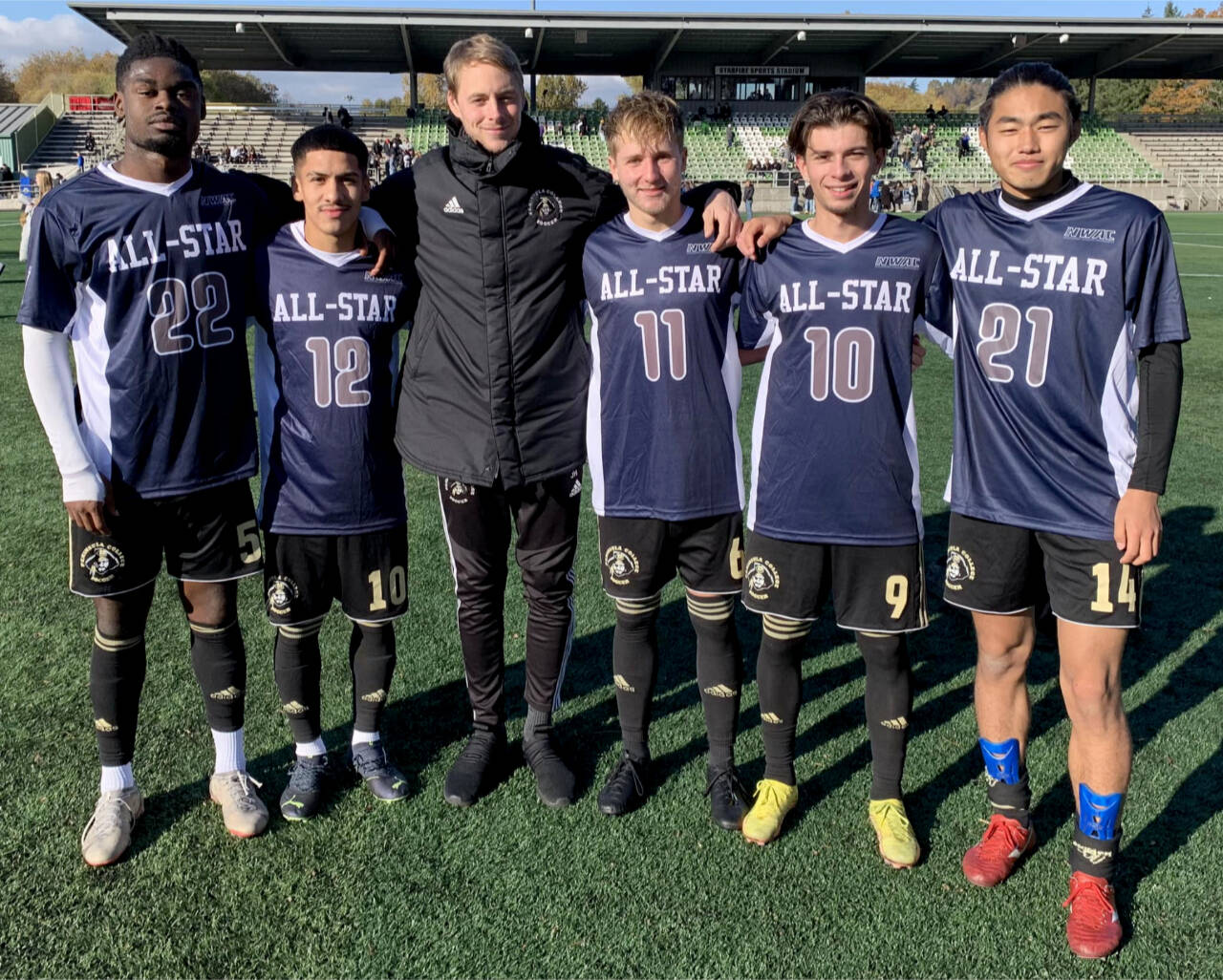 Photo courtesy of Peninsula College / The Peninsula College North All Stars soccer players compete in the Northwest Athletic Conference all-star game at the Starfire Soccer Complexin Tukwila on Nov. 13. From left, Dylan Pauw, Fernando Tavares, coach Jake Hughes, Tim Deser, Pau Vivas Ayala and Shu Kato.
