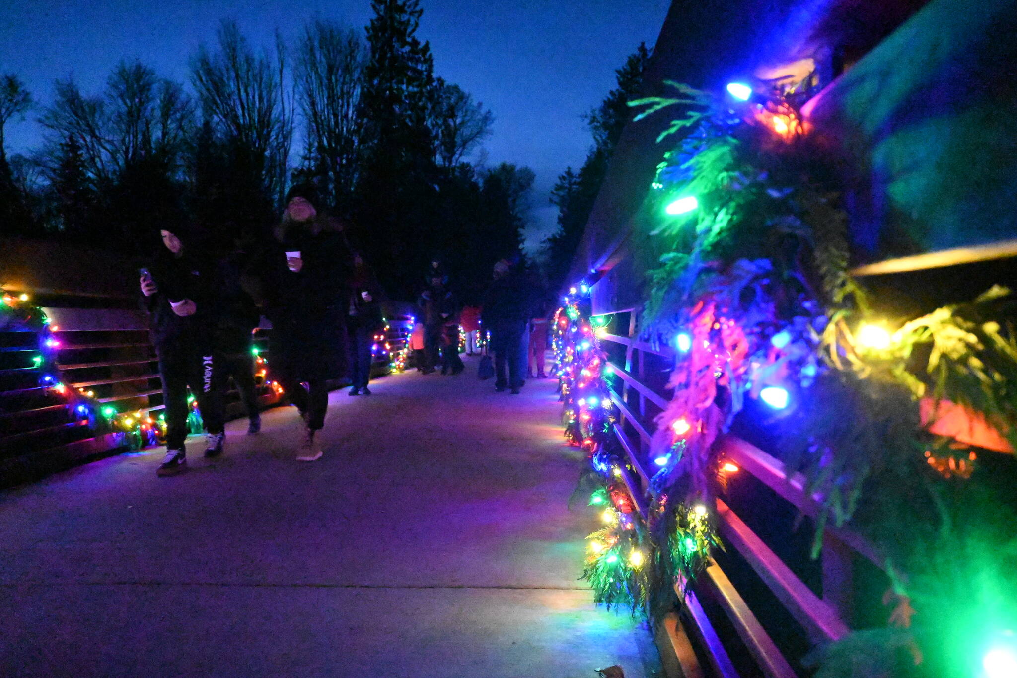 Sequim Gazette photo by Michael Dashiell / Visitors enjoy holiday-themed lighting the historic Railroad Bridge at Railroad Bridge Park on Saturday, Nov. 19. The annual River Center Holiday Nature Mart at the park’s Dungeness River Nature Center, held Saturday and Sunday Nov. 19-20, coincided with Saturday’s bridge lighting. The bridge’s lights will be on display each day at 3 p.m. through December.