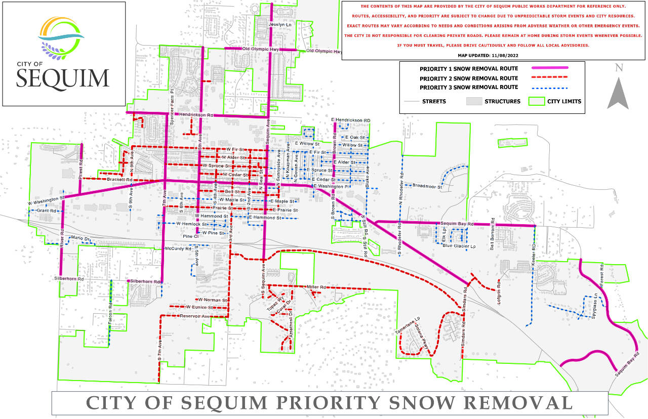 Map courtesy of City of Sequim / During snowfalls, City of Sequim’s Public Works crews clear main arterial roadways first. Sequim has 54 miles of city-owned roadways and alleys, as well as parking lots and sidewalks.