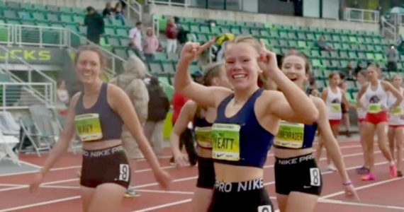 Nike video
Sequim's Riley Pyeatt celebrates with her teammates, from left, Eve Mavy, Hi'ilei Robinson and Bloomenrader after winning the women's 4x400 emerging athlete championship at the Nike Nationals held in Autzen Stadium in Eugene, Ore., this weekend.