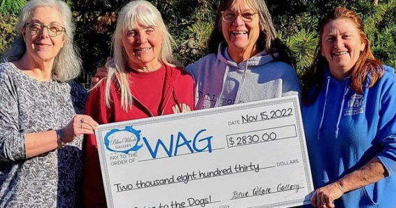Submitted photo / Artists from Sequim’s Blue Whole Gallery recently donated their October art sale proceeds to Welfare for Animals Guild (WAG). Pictured, from left, are gallery president Janet Picolla, WAG president, gallery artist Sheri Whetstine and WAG Ranch Manager Mel Marshall.