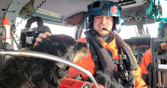 Petty Officer 3rd Class Austen Marshall, an avionics electrical technician and a flight mechanic at Coast Guard Air Station Port Angeles, sits near a dog his aircrew rescued from a grounded sailing vessel near Vancouver Island, British Columbia. The aircrew rescued one person and two dogs from the vessel. (U.S. Coast Guard courtesy photo)
