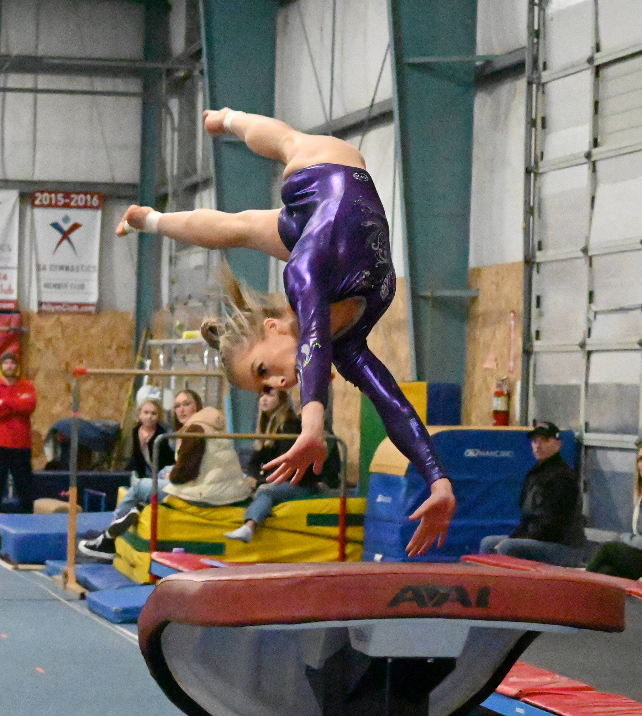 Sequim Gazette photos by Michael Dashiell
Sequim’s Kori Miller competes in the vault event at a home meet against Bainbridge at the Klahhane Gymnastics Center on Jan. 11. Miller placed first in the event with 8.6 points.