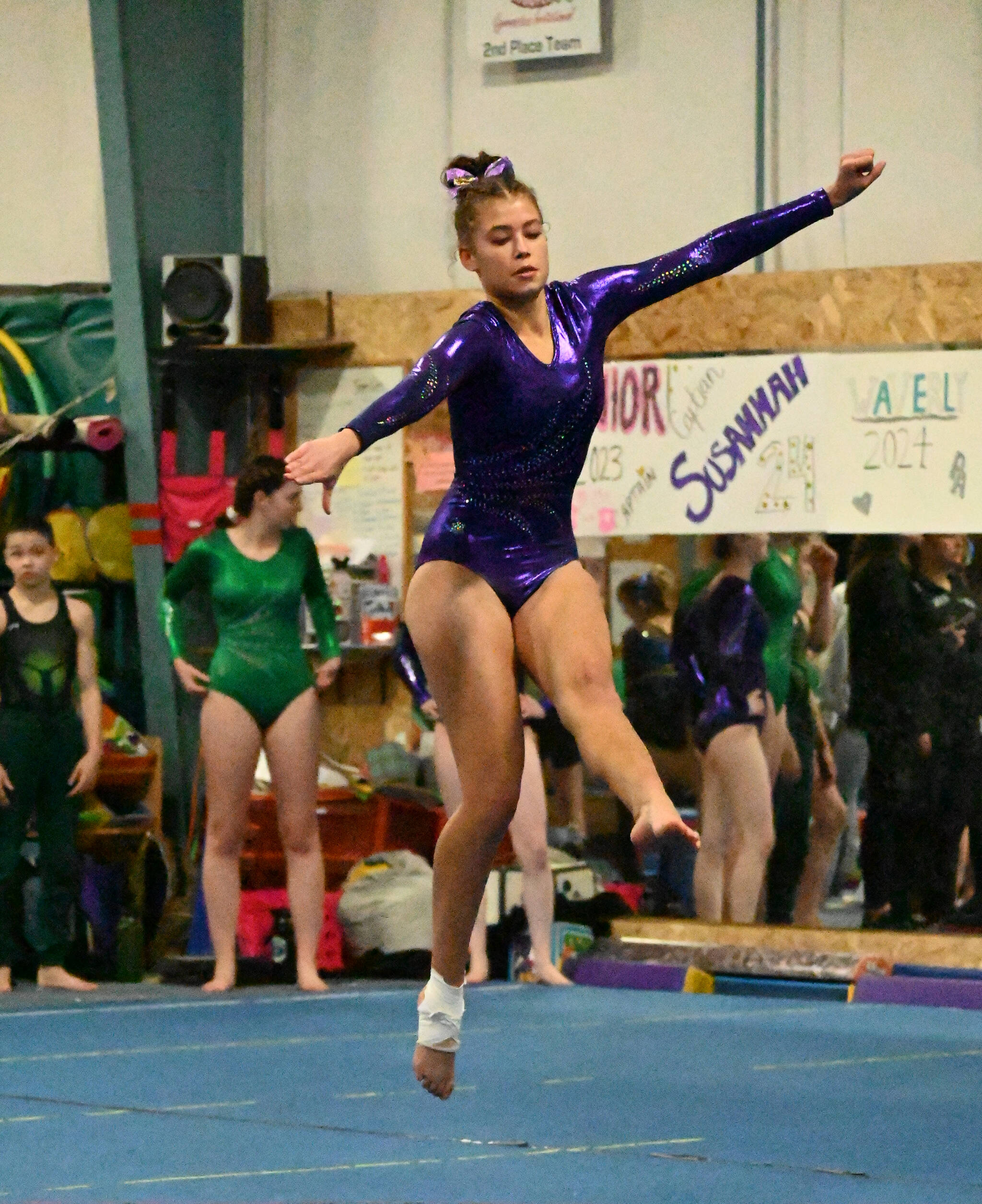 Sequim Gazette photo by Michael Dashiell / Sequim’s Amara Brow, a district meet qualifier last season, competes in the floor exercise portion of a Jan. 11 home league meet against Bainbridge. She placed eighth with 6.9 points.