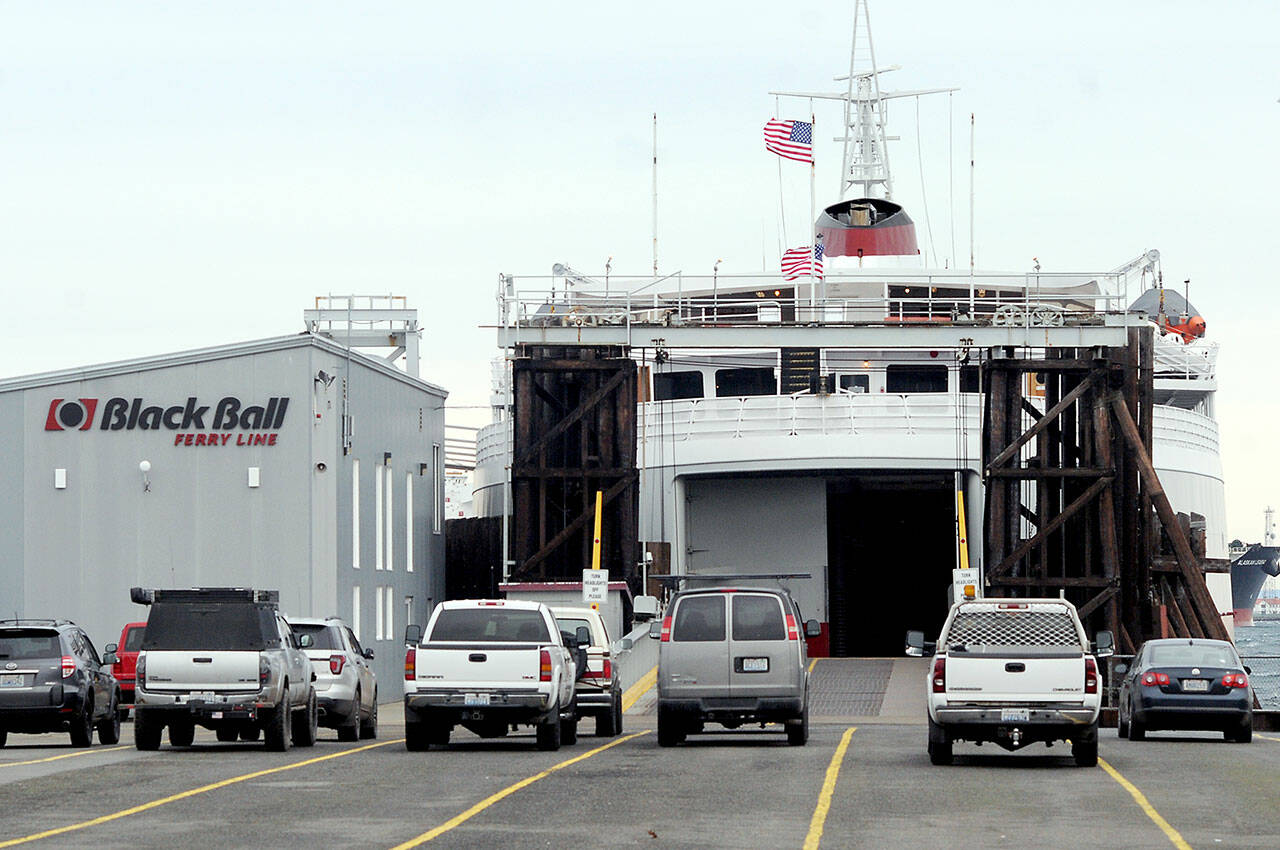 Photo by Keith Thorpe/Olympic Peninsula News Group / The ferry MV Coho sits in Port Angeles on Jan. 4 during its annual hiatus from service for maintenance.