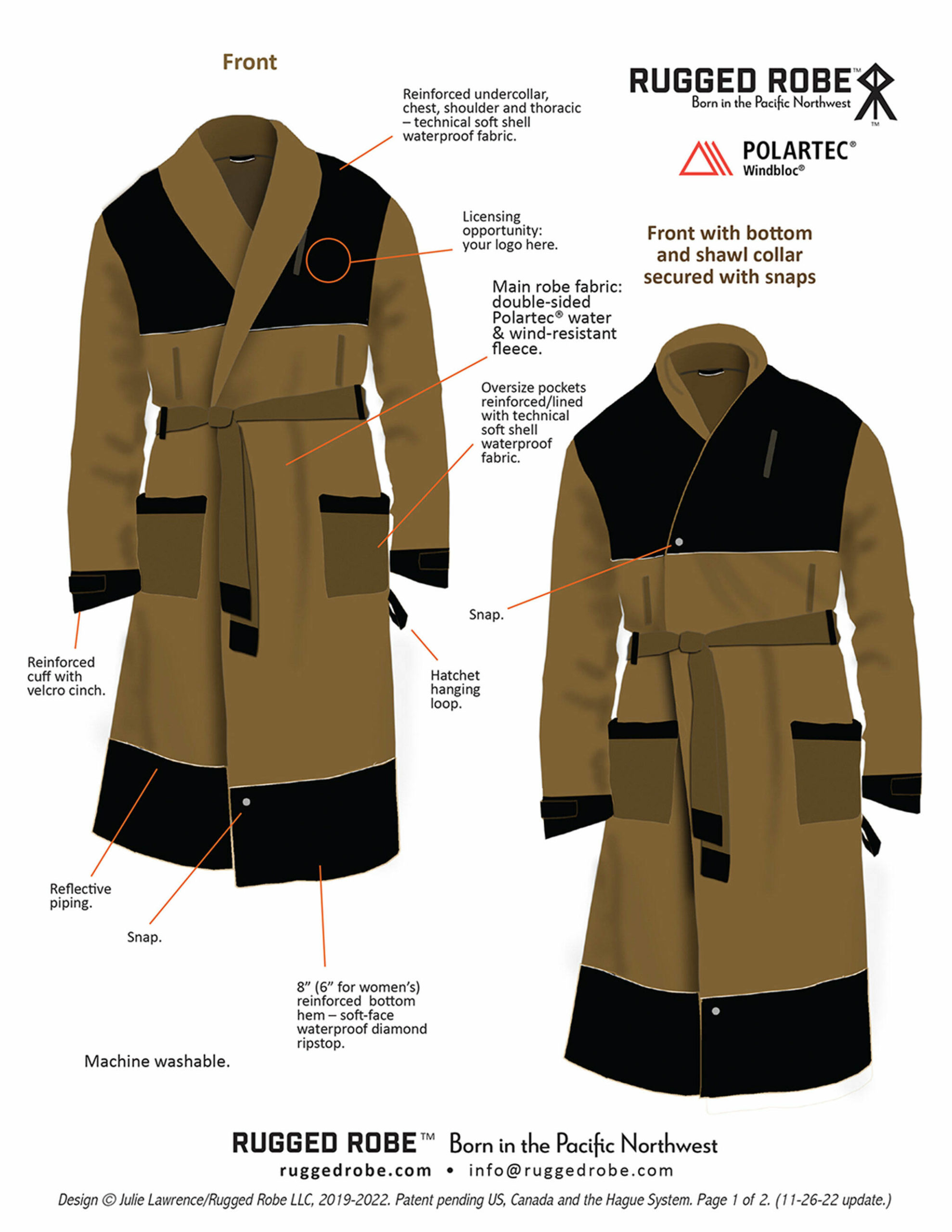 Photo courtesy of Rugged Robe/ Some of the features Rugged Robe Polartec Windbloc style include waterproof materials, snaps for the top and bottom of the opening, and ecologically-minded materials.
