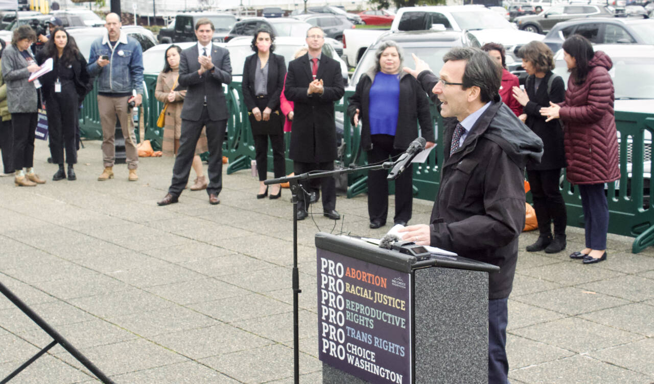 Photo by Reneé Diaz/WNPA News Service / In Olympia, Washington, Attorney General Bob Ferguson speaks at the abortion-rights rally in early January. Ferguson partnered with Rep. Vandana Slatter, D-Bellevue, and Sen. Manka Dhingra, D-Redmond, and announced a new House Bill 1155 to protect sensitive healthcare data.