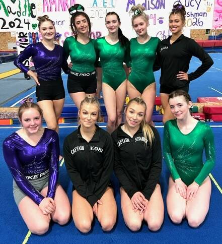 Submitted photo / The Sequim-Port Angeles gymnastics caps its regular season with a home meet on Jan. 25. Pictured are (back row, from left) Madisyn Ripley, Chloe Notari, Maddie Adams, Summer Hirst-Lowe and Amara Brown, with (front row, from left) Lucy Spelker, Kori Miller, Susannah Sharp and Faith Carr.