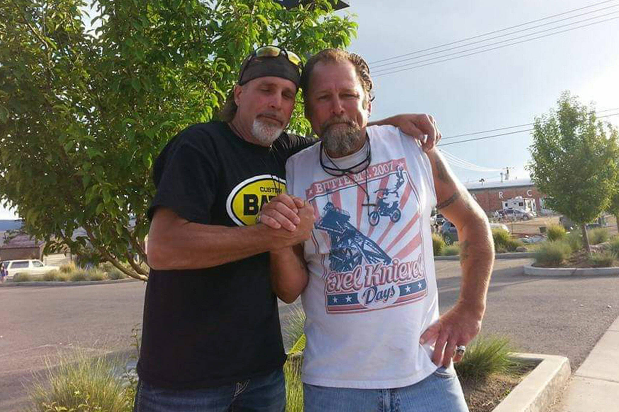 Photo courtesy of Todd Tjernell
Sequim’s Todd Tjernell, right, stands with Robbie Knievel in Butte, Mont., during one of their trips. Knievel, who died on Jan. 13, lived in the Sequim area for about a decade and befriended Tjernell and hired him to build stunt ramps for him.
