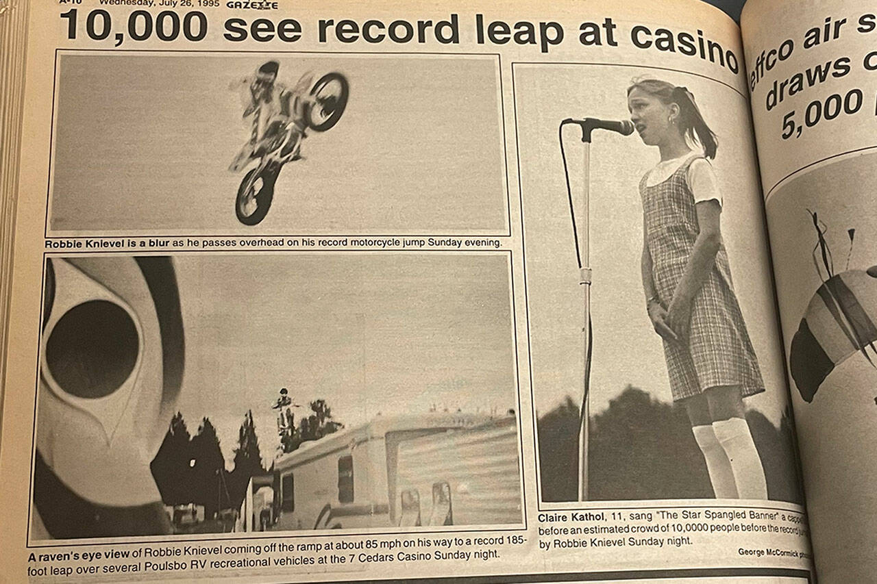 Sequim Gazette file photos/ Robbie Knievel made his first jump in the Sequim area in July 1995 in front of about 10,000 people at the recently opened 7 Cedars Casino. He jumped 185 feet over trailers.