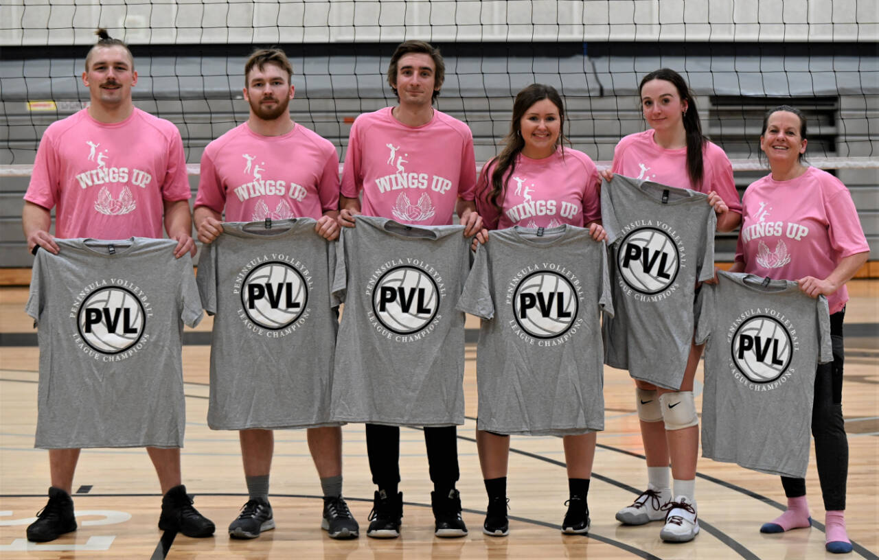 Submitted photo
Wings Up of Sequim celebrates a Peninsula Volleyball League B Division title in Port Angeles on Jan. 31. Pictured, from left, are Cody Cowan, Ben Cowan, Jared Fodge, Brittney Gale, Tayler Breckenridge and Dena Breckenridge.