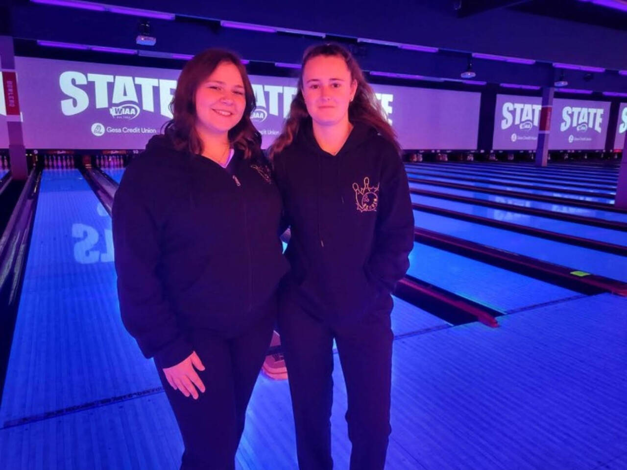 Photo courtesy of Randy Perry
Sequim High’s Morgan Kayser, left, and Nikoline Updike earn a tie (with each other) for 37th at the state 1A/2A bowling finals in Tukwila this past weekend.
