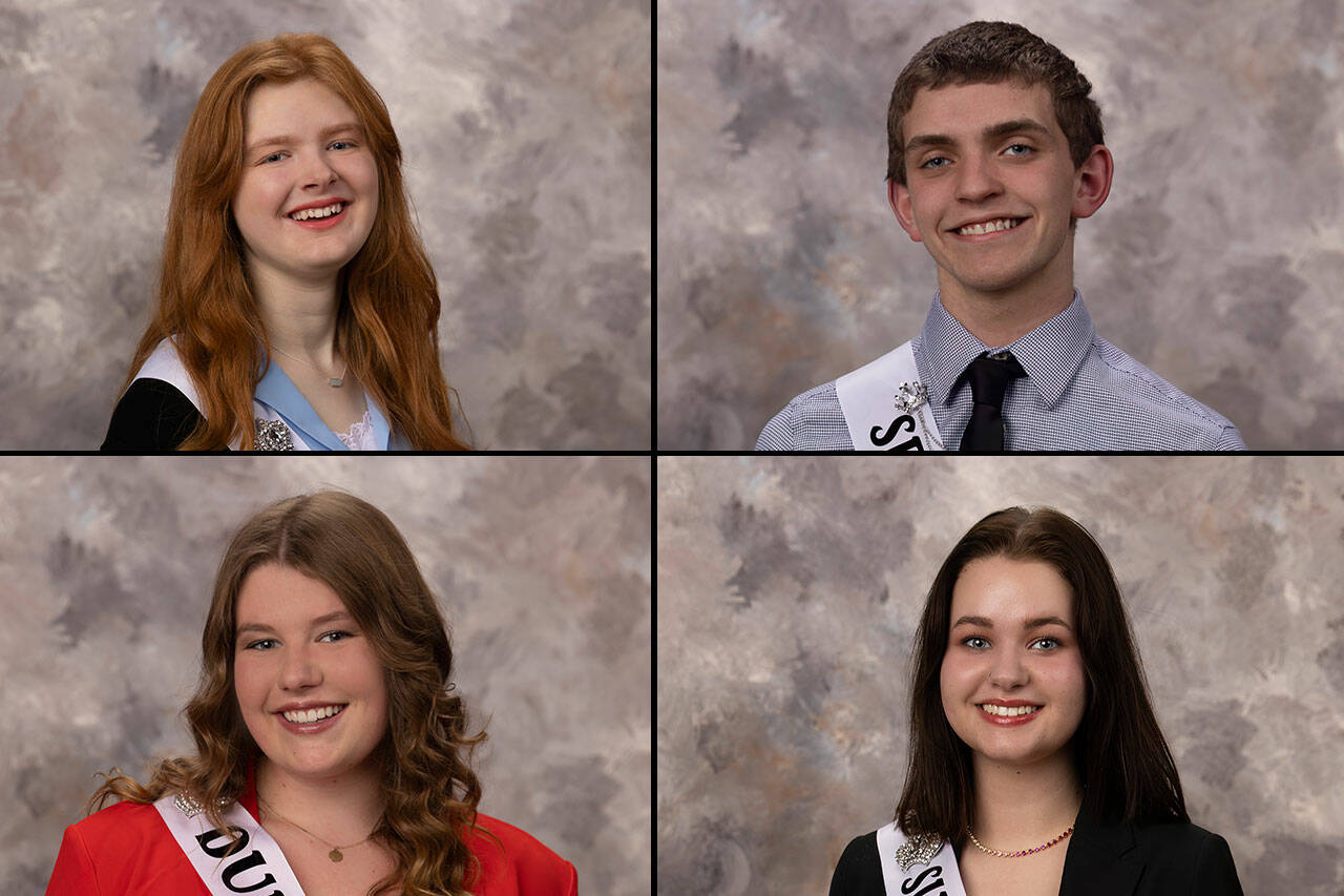 Photos by Keith Ross/Keith’s Frame of Mind/ Candidates for the Sequim Irrigation Festival royalty in 2023 at the Feb. 25 scholarship pageant in Sequim High School Auditorium, include, clockwise, from top left, Anne Marie Barni, Fred Cameron, Pepper Reymond, and Paige “Skylar” Kryzworz.