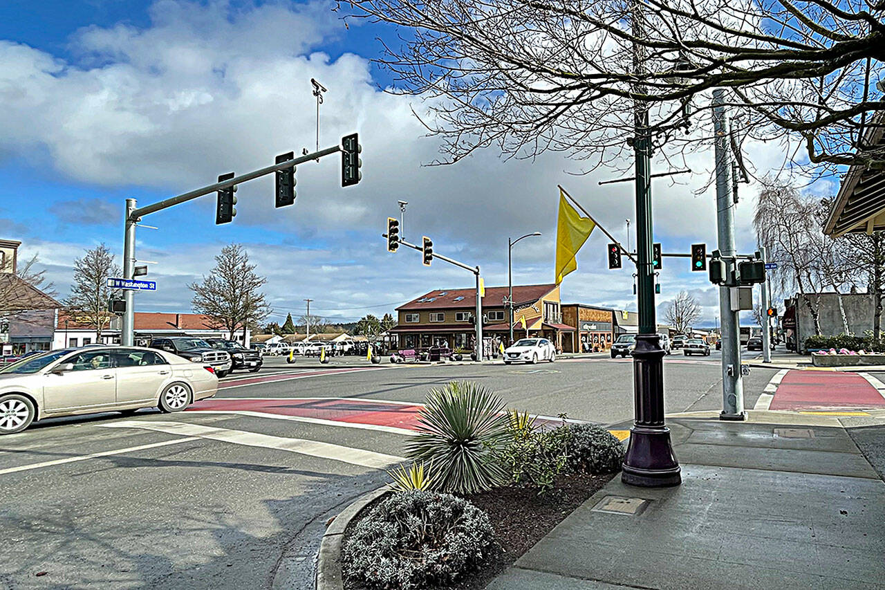 Sequim Gazette photo by Matthew Nash/ The intersection of West Washington Street and Sequim Avenue is one of six intersections in the City of Sequim to see traffic signal repairs to better coordinate timing across the city.