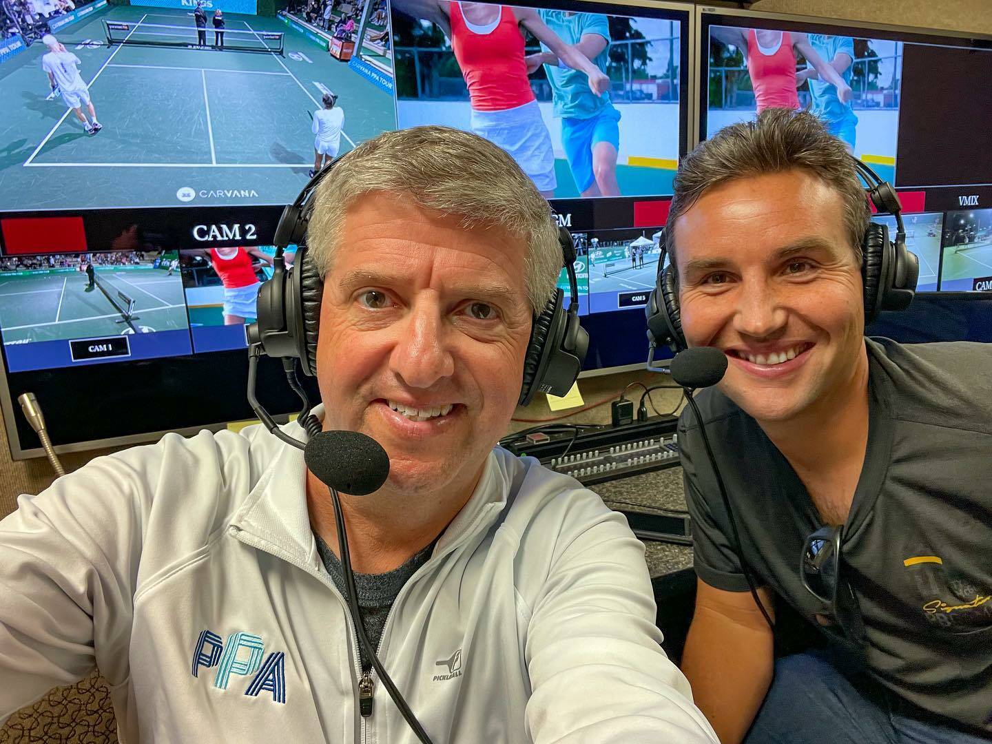 Photo courtesy of Kyle McKenzie / Sequim’s Kyle McKenzie, right, joins Dave Fleming for match commentary at a Pro Pickleball Tour event in mid-January.
