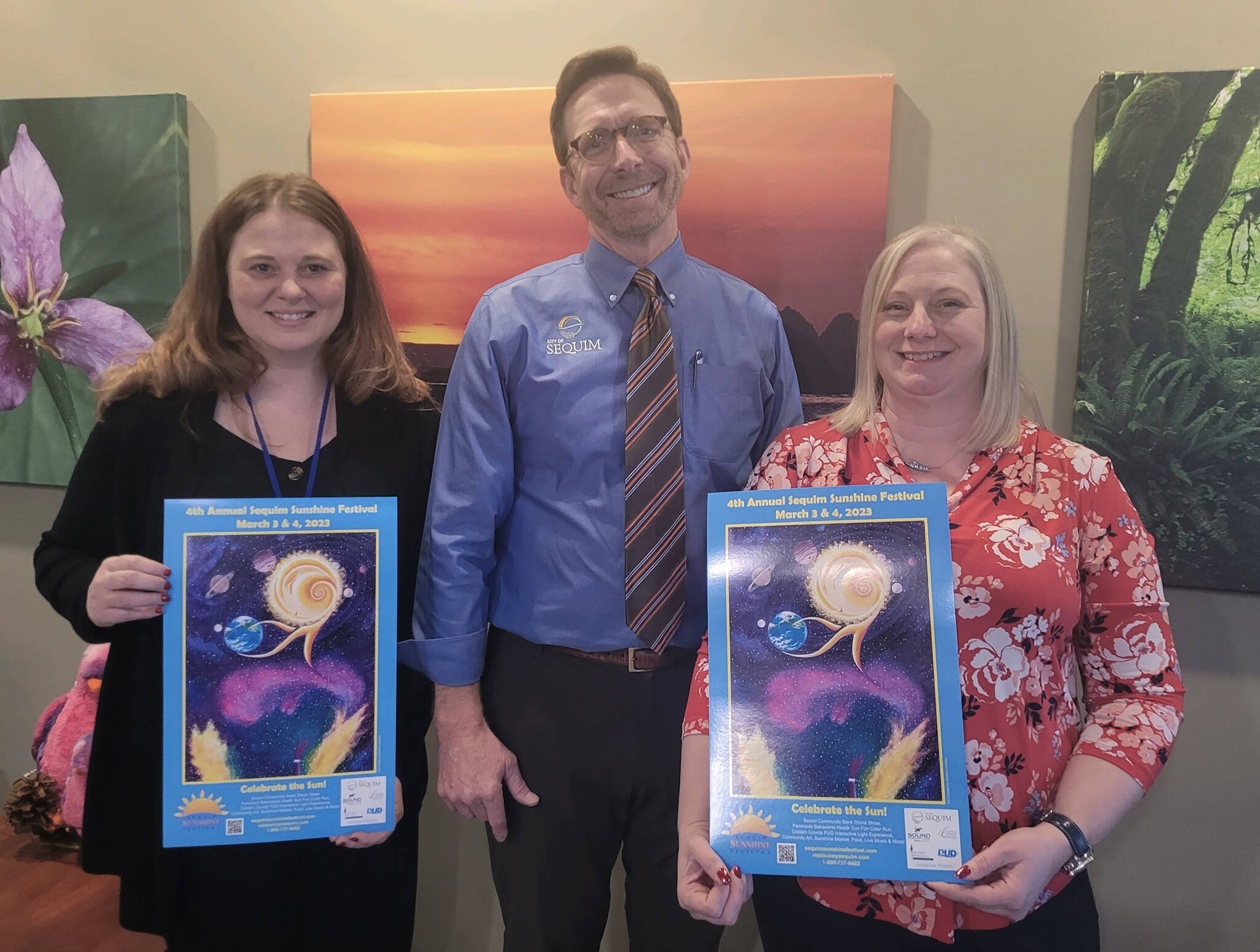Photo courtesy of City of Sequim / Sequim City Manager Matthew Huish thanks (at left) Angeles Dennis, Development Director for Peninsula Behavioral Health, and Wendy Sisk, Peninsula Behavioral Health Chief Executive Officer, for their organization’s sponsorship of the Sequim Sunshine Festival’s Sun Fun Color Run, set for March 4.