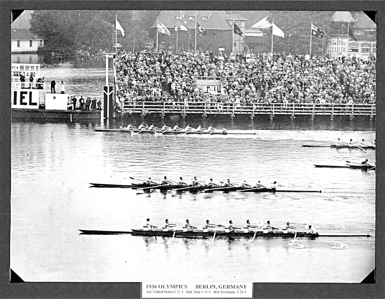 Photo courtesy of Joe Rantz/Judy Willman / The American eight-man crew (foreground) edges Italy (center) by eight feet, securing the USA’s gold medal in the 1936 Olympic Games.