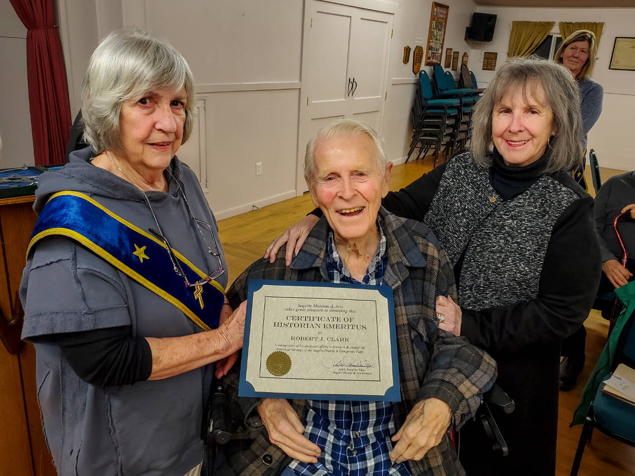 Submitted photo
Robert Clark receives the Sequim Museum & Art’s first Certificate of Historian Emeritus from Sequim Prairie Grange member Hazel Ault, left, and Judy Reandeau Stipe, Sequim Museum & Arts volunteer director, on Feb. 8. See story, A-12.