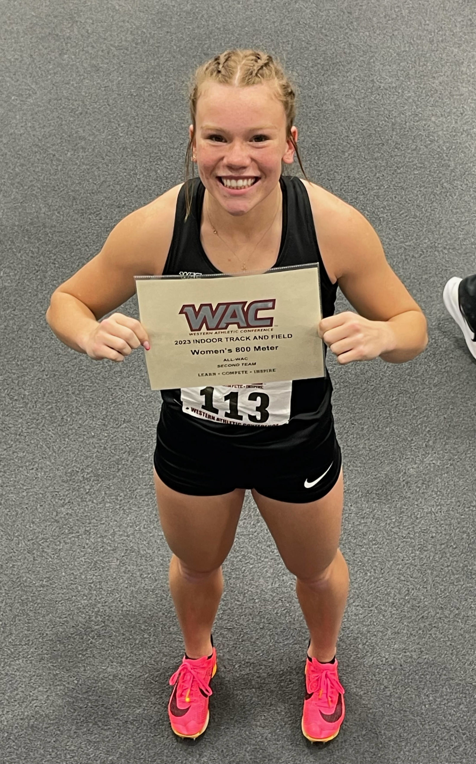 Photo courtesy of Tracie Pyeatt / Riley Pyeatt is all smiles after placing eighth in the 800-meter finals at the Western Athletic Conference Indoor Track Championships in Spokane in late February.