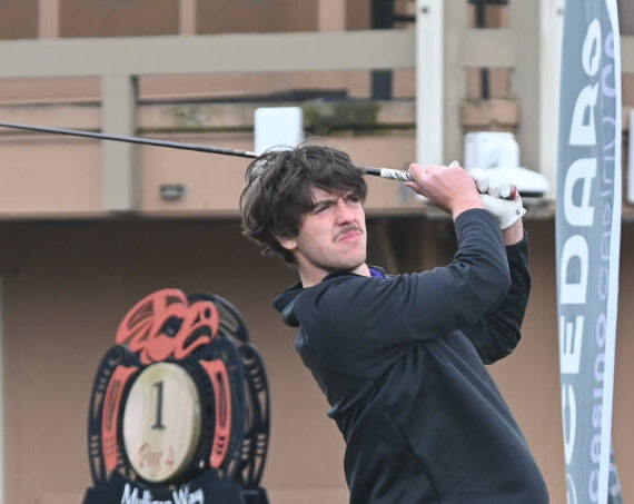 Sequim Gazette file photo by Michael Dashiell / Sequim’s Cole Smithson tees off on the first hole in a match against Bainbridge in April 2022.