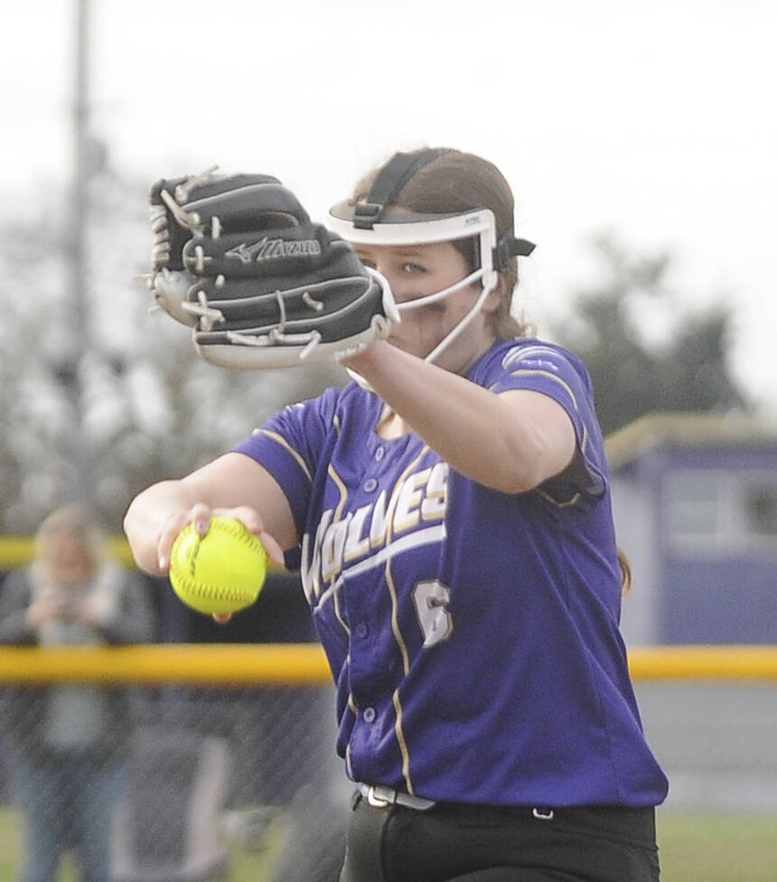 Sequim Gazette file photo by Michael Dashiell / Sequim’s Angel Wagner pitches against Forks in a March 2022 non-league game. Wagner and Lainy Vig figure to share time on the mound in 2023 as the Wolves seek a return trip to the state 2A tourney.